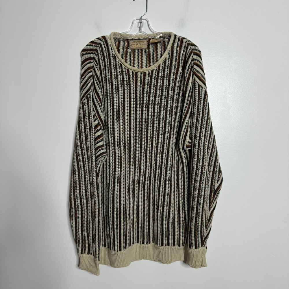 New River Co Sweater Mens Large Roll Neck Brown Vertical Stripe Vintage Pullover